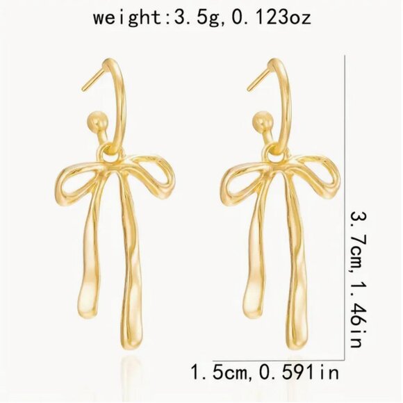 Delicate Gold Bow Dangle Stud Earrings - Picture 4 of 6